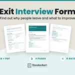 Exit Interview Form template by Standardize It: the first page in front of the Reasons for Leaving and Looking Ahead pages. Word + PDF, 3 pages, 8 rated topics.