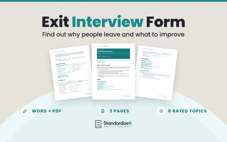 Exit Interview Form template by Standardize It: the first page in front of the Reasons for Leaving and Looking Ahead pages. Word + PDF, 3 pages, 8 rated topics.