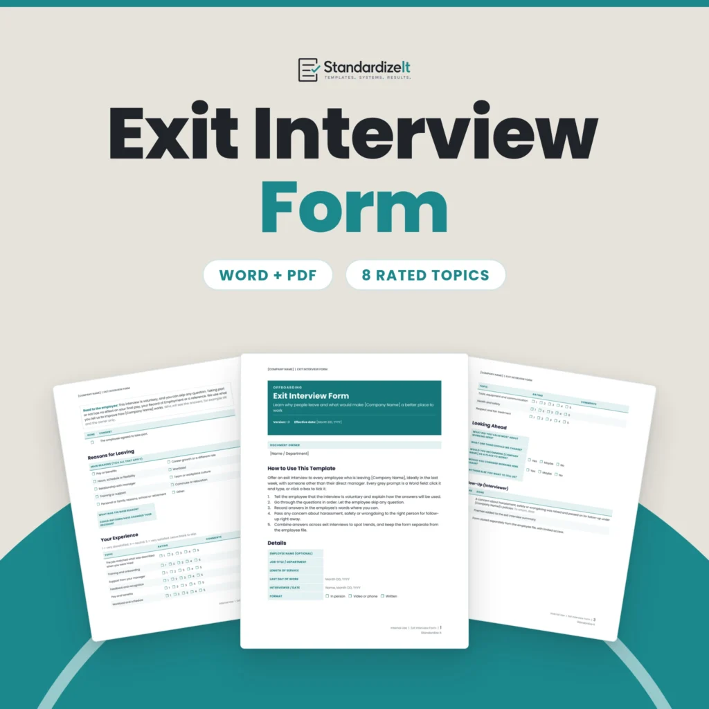 Exit Interview Form template by Standardize It: the first page in front of the Reasons for Leaving page and the follow-up checklist. Word + PDF, 8 rated topics.
