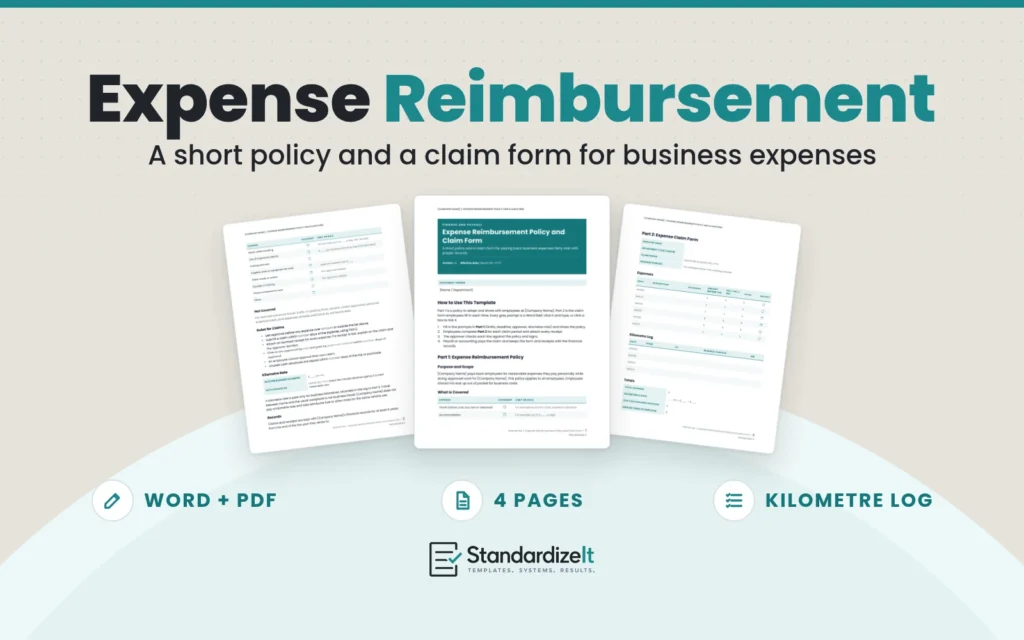 Expense Reimbursement Policy and Claim Form template by Standardize It: the policy's first page in front of the claim rules and the expense claim form. Word + PDF, 4 pages, kilometre log.