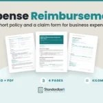 Expense Reimbursement Policy and Claim Form template by Standardize It: the policy's first page in front of the claim rules and the expense claim form. Word + PDF, 4 pages, kilometre log.