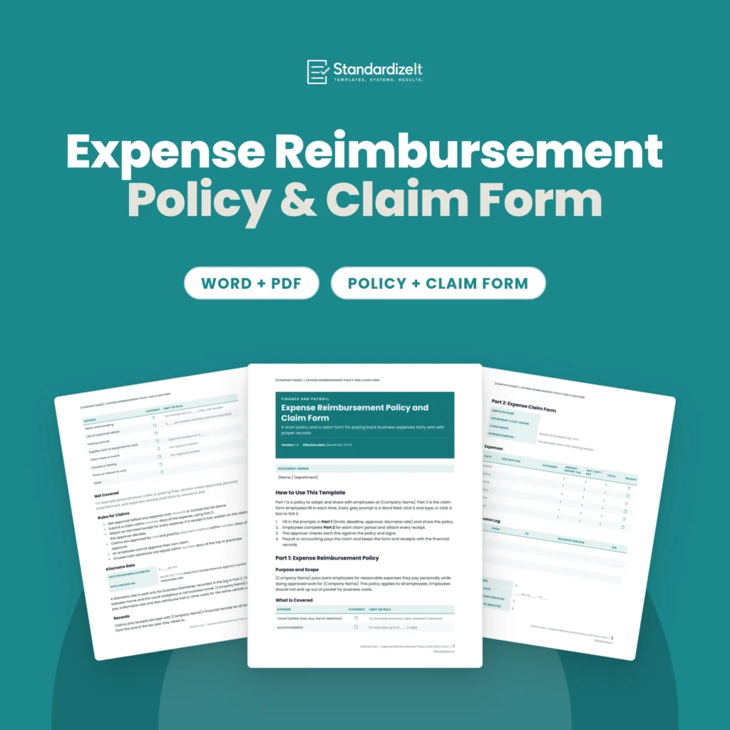 Expense Reimbursement Policy and Claim Form template by Standardize It: the policy's first page in front of the claim rules and the expense claim form. Word + PDF, policy + claim form.