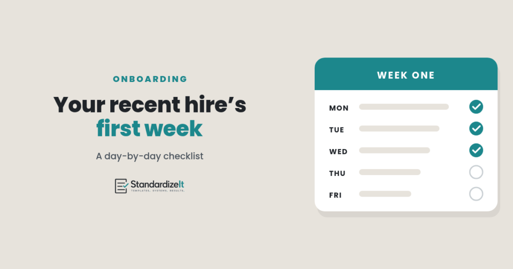 Employee onboarding checklist: week one planner with Monday to Wednesday ticked off, beside the title Your recent hire's first week