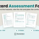 Hazard Assessment Form template by Standardize It: the Risk Rating Guide and Hazard Register page in front of the Assessment Details and Find the Hazards page and the Control Plan page. Word + PDF, 6 pages, 13 jurisdictions.