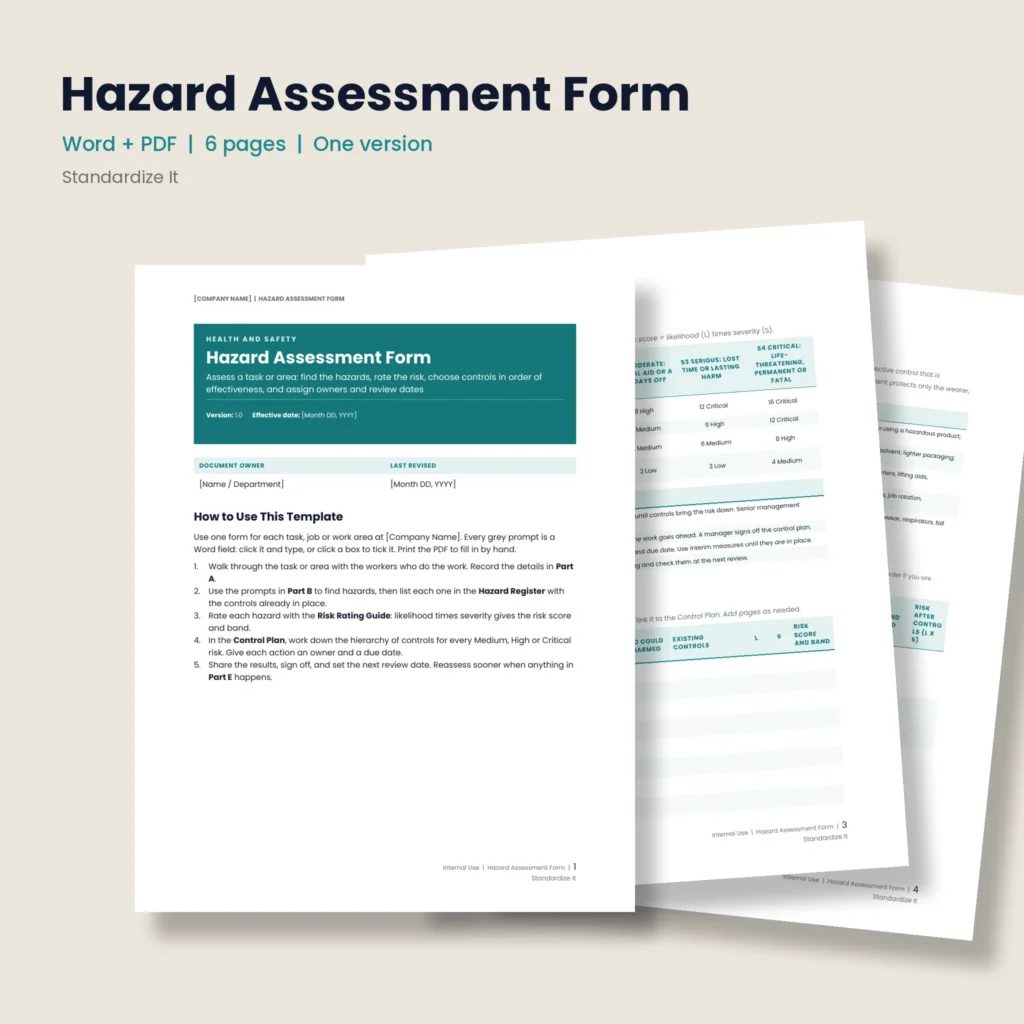 Hazard Assessment Form by Standardize It: preview of the first page with How to Use This Template, in front of two inside pages. Word + PDF, 6 pages, one version.