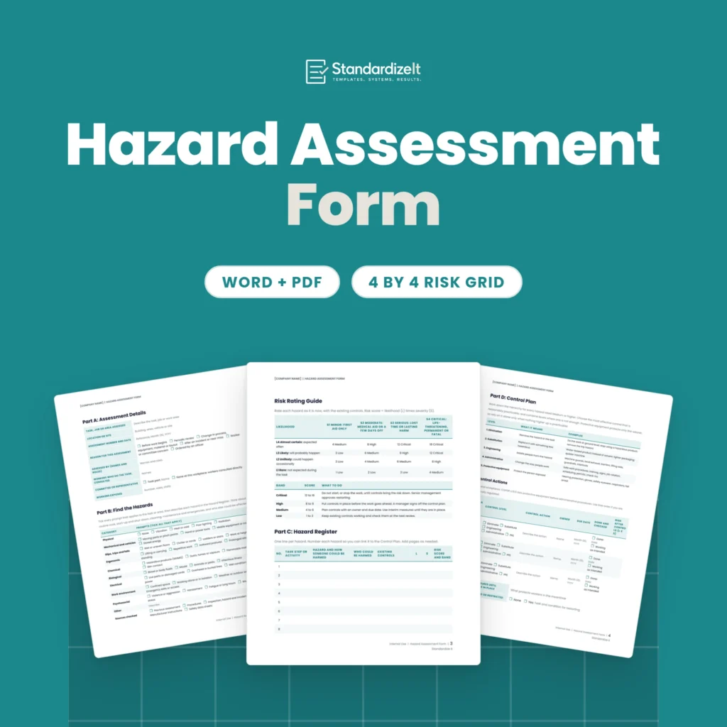 Hazard Assessment Form template by Standardize It: the Risk Rating Guide and Hazard Register page in front of the Assessment Details and Find the Hazards page and the Control Plan page. Word + PDF, 4 by 4 risk grid.