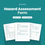 Hazard Assessment Form template by Standardize It: the Risk Rating Guide and Hazard Register page in front of the Assessment Details and Find the Hazards page and the Control Plan page. Word + PDF, 4 by 4 risk grid.