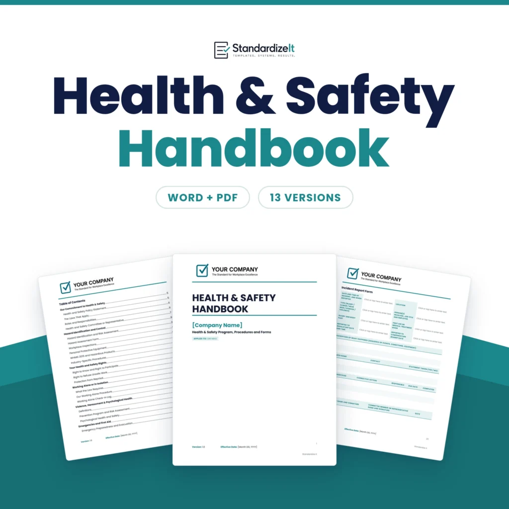 Health and Safety Handbook template by Standardize It: the handbook cover in front of the table of contents and the incident report form. Word + PDF, 13 versions.