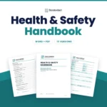 Health and Safety Handbook template by Standardize It: the handbook cover in front of the table of contents and the incident report form. Word + PDF, 13 versions.