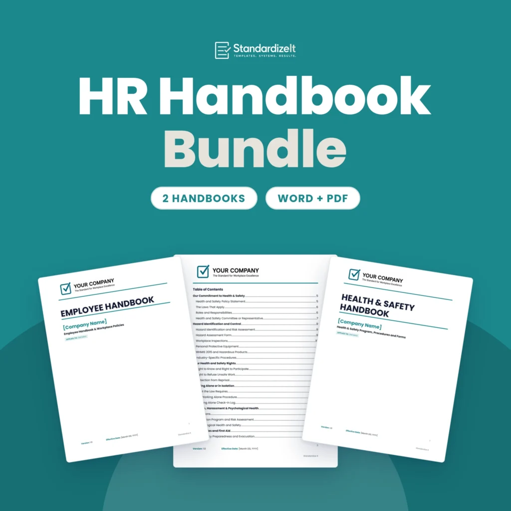 HR Handbook Bundle by Standardize It: the Employee Handbook and Health and Safety Handbook covers side by side. 2 handbooks, Word + PDF.