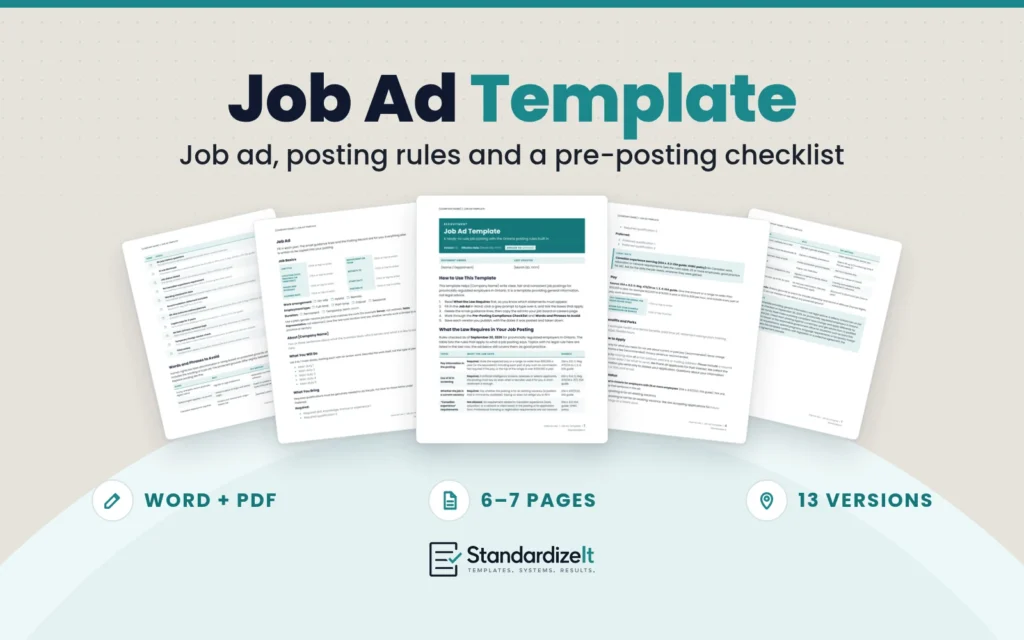 Job Ad Template by Standardize It: job ad, posting rules and a pre-posting checklist. Real template pages are fanned on a beige background, with the labels Word + PDF, 6–7 pages and 13 versions.