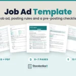 Job Ad Template by Standardize It: job ad, posting rules and a pre-posting checklist. Real template pages are fanned on a beige background, with the labels Word + PDF, 6–7 pages and 13 versions.