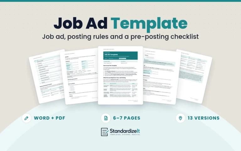 Job Ad Template by Standardize It: job ad, posting rules and a pre-posting checklist. Real template pages are fanned on a beige background, with the labels Word + PDF, 6–7 pages and 13 versions.