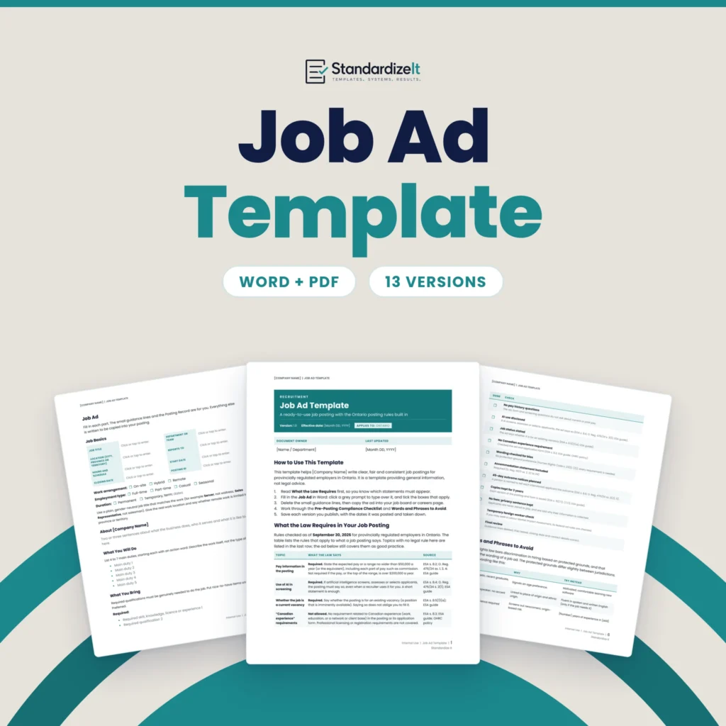 Job Ad Template by Standardize It: the first page with the posting law table in front of the fill-in job ad and the pre-posting checklist. Word + PDF, 13 versions.