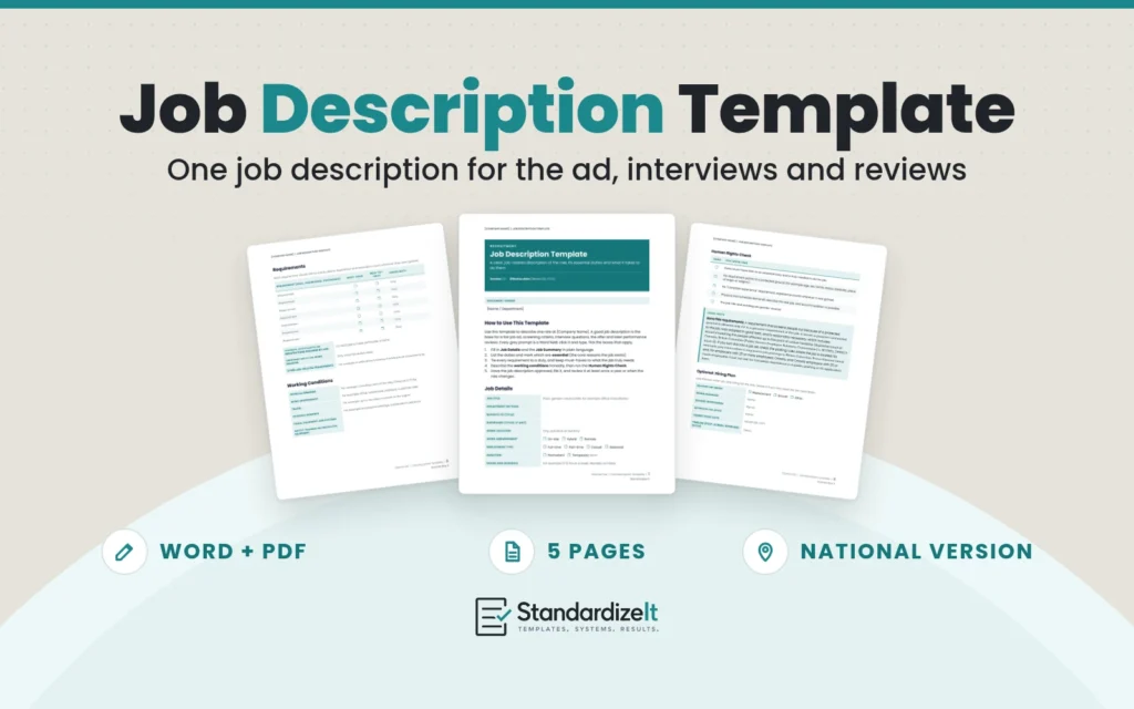 Job Description Template by Standardize It: the first page with the job details table in front of the requirements and working conditions page and the human rights check page. Word + PDF, 5 pages, national version.
