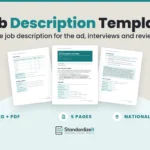 Job Description Template by Standardize It: the first page with the job details table in front of the requirements and working conditions page and the human rights check page. Word + PDF, 5 pages, national version.