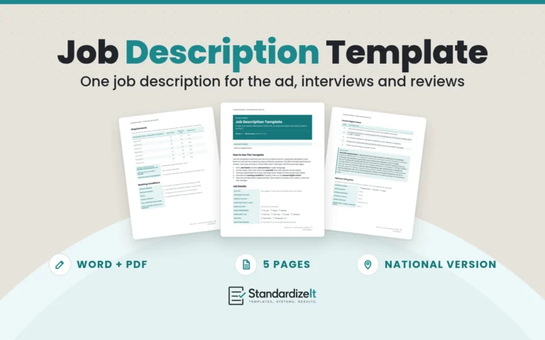 Job Description Template by Standardize It: the first page with the job details table in front of the requirements and working conditions page and the human rights check page. Word + PDF, 5 pages, national version.