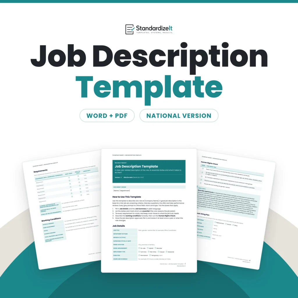Job Description Template by Standardize It: the first page with the job details table in front of the requirements and working conditions page and the human rights check page. Word + PDF, national version.