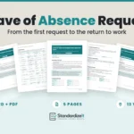 Leave of Absence Request and Approval Form template by Standardize It: the Ontario version's first page in front of its leave type table and employee decision pages, with the Alberta and Federal versions behind. Word + PDF, 5 pages, 13 versions.