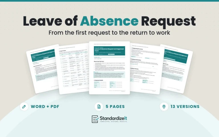 Leave of Absence Request and Approval Form template by Standardize It: the Ontario version's first page in front of its leave type table and employee decision pages, with the Alberta and Federal versions behind. Word + PDF, 5 pages, 13 versions.