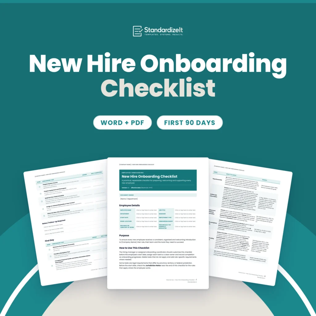 New Hire Onboarding Checklist template by Standardize It: the first page in front of two checklist pages. Word + PDF, first 90 days.