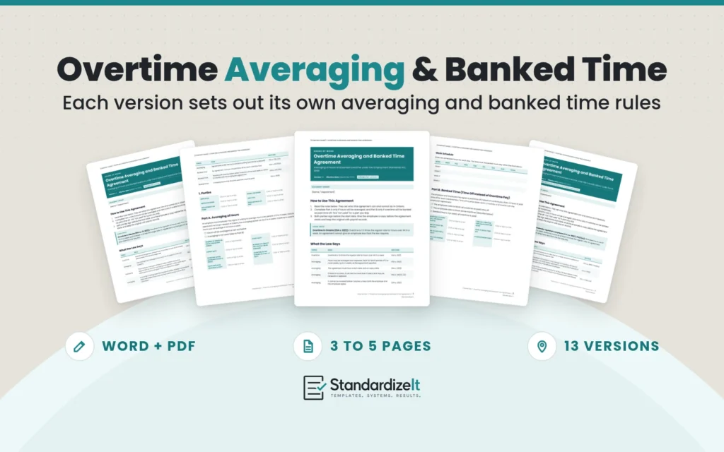 Overtime Averaging and Banked Time Agreement template by Standardize It: the Ontario version's first page in front of the averaging and banked time pages, with the Alberta and Federal versions behind. Word + PDF, 3 to 5 pages, 13 versions.