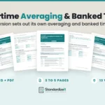 Overtime Averaging and Banked Time Agreement template by Standardize It: the Ontario version's first page in front of the averaging and banked time pages, with the Alberta and Federal versions behind. Word + PDF, 3 to 5 pages, 13 versions.