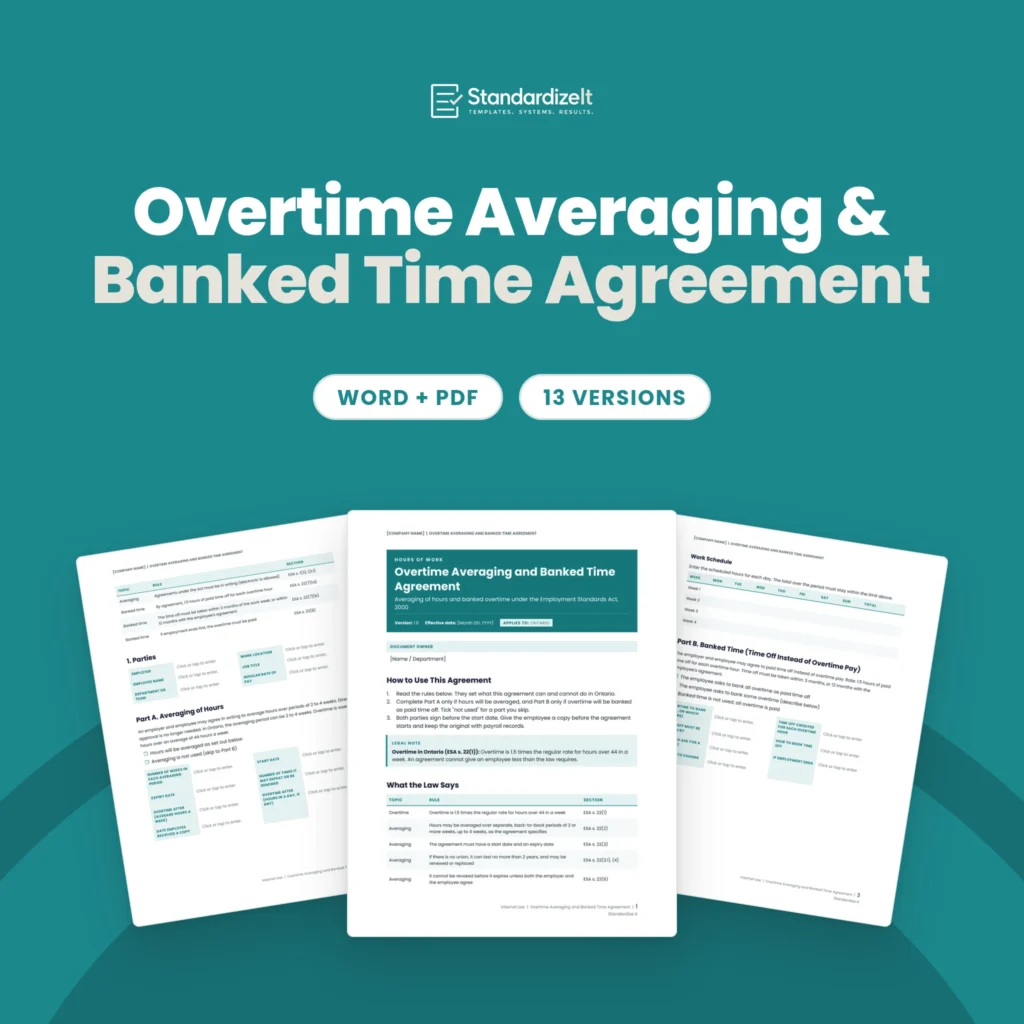 Overtime Averaging and Banked Time Agreement template by Standardize It: the first page in front of the averaging of hours and banked time pages. Word + PDF, 13 versions.