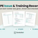 PPE Issue and Training Record template by Standardize It: the PPE Required and Training Record page in front of the Issue Log and the Inspection, Replacement and Return Log with the Respirator Fit Test. Word + PDF, 6 pages, 13 jurisdictions.