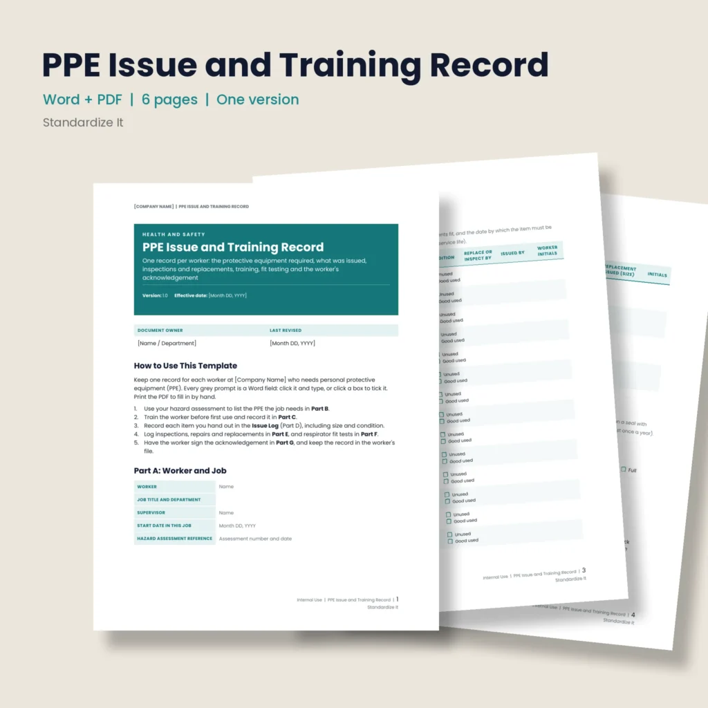PPE Issue and Training Record by Standardize It: preview of the first page with How to Use This Template, in front of two inside pages. Word + PDF, 6 pages, one version.
