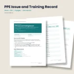 PPE Issue and Training Record by Standardize It: preview of the first page with How to Use This Template, in front of two inside pages. Word + PDF, 6 pages, one version.