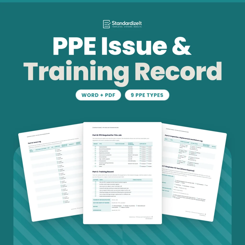 PPE Issue and Training Record template by Standardize It: the PPE Required and Training Record page in front of the Issue Log and the Inspection, Replacement and Return Log with the Respirator Fit Test. Word + PDF, 9 PPE types.