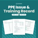 PPE Issue and Training Record template by Standardize It: the PPE Required and Training Record page in front of the Issue Log and the Inspection, Replacement and Return Log with the Respirator Fit Test. Word + PDF, 9 PPE types.