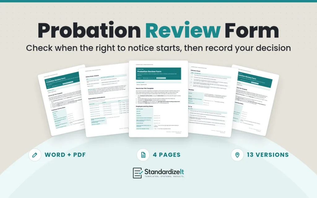 Probation Review Form template by Standardize It: the Ontario version's first page in front of its notice rules and decision pages, with the British Columbia and Federal versions behind. Word + PDF, 4 pages, 13 versions.