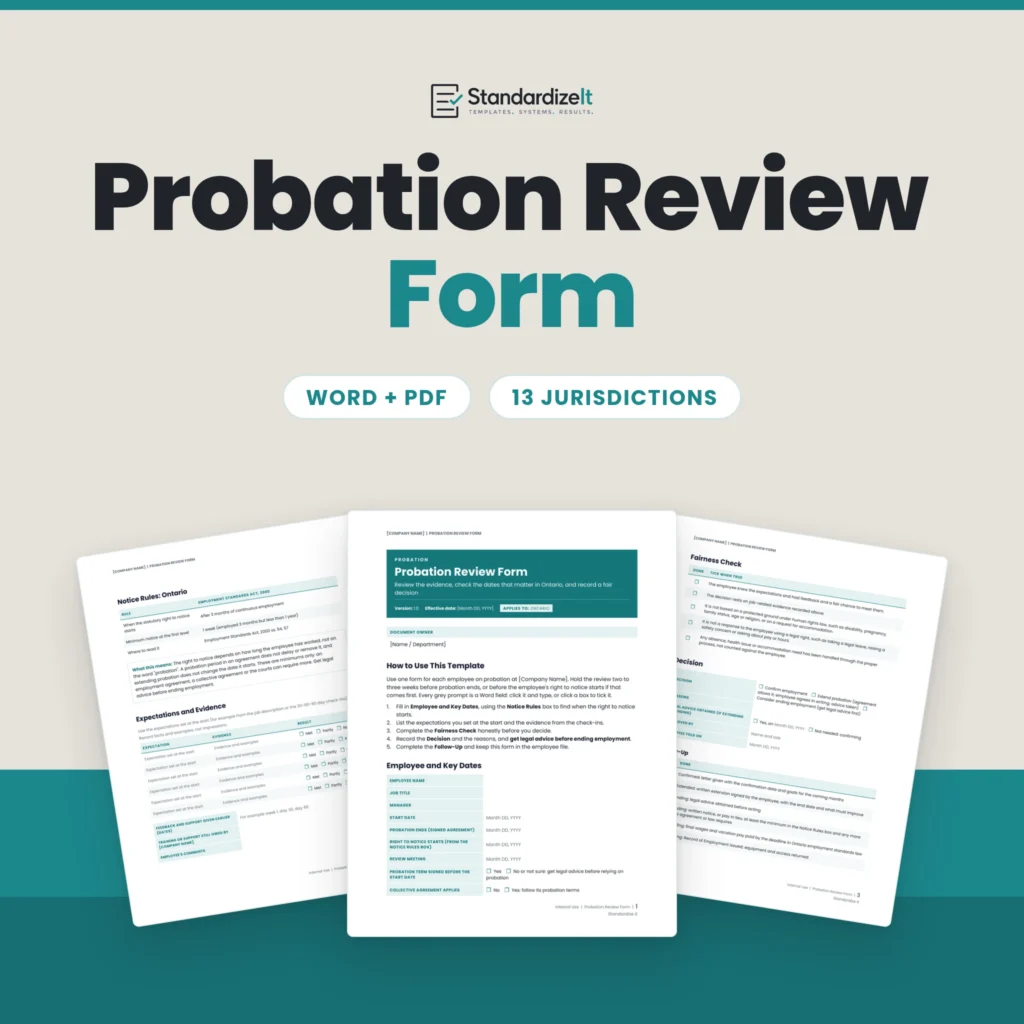 Probation Review Form template by Standardize It: the Ontario version's first page in front of the notice rules and the fairness check and decision pages. Word + PDF, 13 jurisdictions.