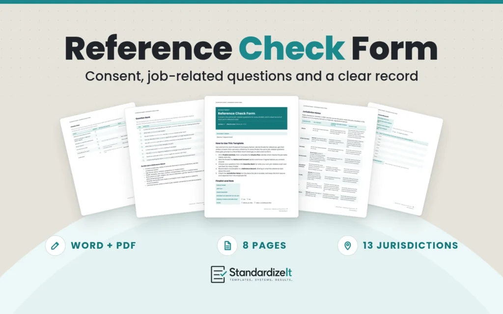 Reference Check Form template by Standardize It: the first page in front of the question bank, the checks plan, a reference record and the jurisdiction notes table. Word + PDF, 8 pages, 13 jurisdictions.