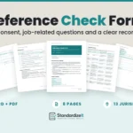 Reference Check Form template by Standardize It: the first page in front of the question bank, the checks plan, a reference record and the jurisdiction notes table. Word + PDF, 8 pages, 13 jurisdictions.