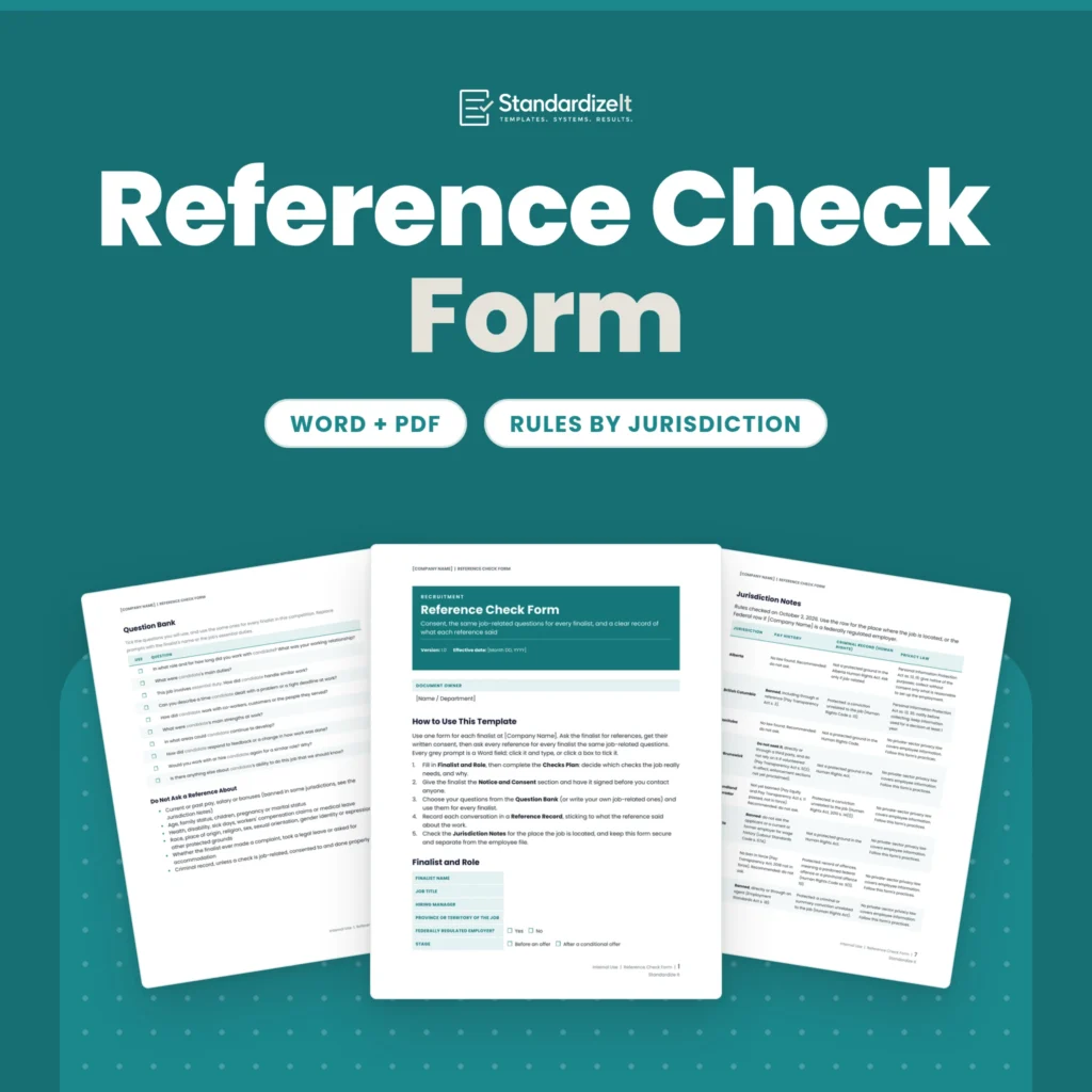 Reference Check Form template by Standardize It: the first page in front of the question bank and the jurisdiction notes table. Word + PDF, rules by jurisdiction.