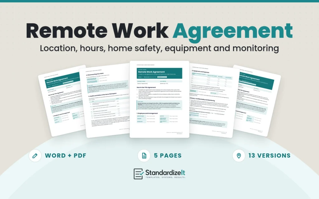 Remote Work Agreement template by Standardize It: the Ontario version's first page in front of the disconnecting and home workspace safety pages and the equipment and privacy pages, with the British Columbia and Federal versions behind. Word + PDF, 5 pages, 13 versions.