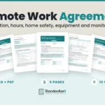 Remote Work Agreement template by Standardize It: the Ontario version's first page in front of the disconnecting and home workspace safety pages and the equipment and privacy pages, with the British Columbia and Federal versions behind. Word + PDF, 5 pages, 13 versions.