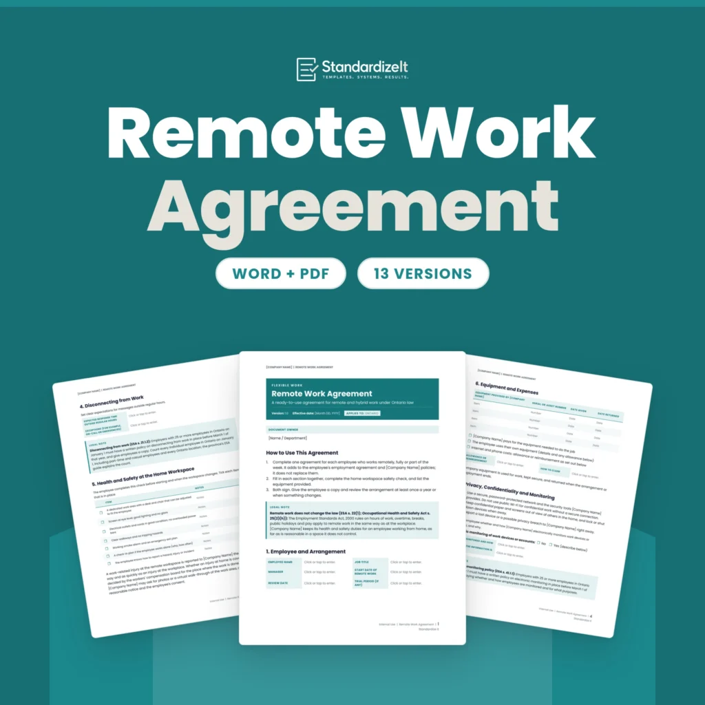 Remote Work Agreement template by Standardize It: the first page in front of the home workspace safety checklist and the equipment, privacy and monitoring page. Word + PDF, 13 versions.