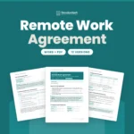 Remote Work Agreement template by Standardize It: the first page in front of the home workspace safety checklist and the equipment, privacy and monitoring page. Word + PDF, 13 versions.