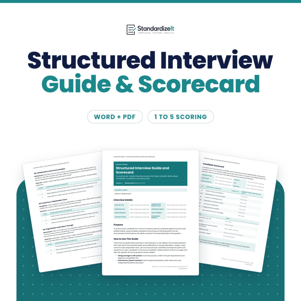 Structured Interview Guide and Scorecard template by Standardize It: the first page in front of the question bank and the candidate scorecard. Word + PDF, 1 to 5 scoring.