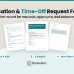Vacation and Time-Off Request Form template by Standardize It: the first page in front of the request, decision and balance page and the signatures and legal note page. Word + PDF, 3 pages, national version.