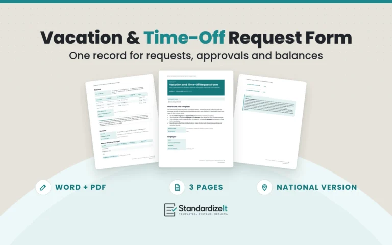 Vacation and Time-Off Request Form template by Standardize It: the first page in front of the request, decision and balance page and the signatures and legal note page. Word + PDF, 3 pages, national version.