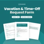 Vacation and Time-Off Request Form template by Standardize It: the first page in front of the request, decision and balance page and the signatures and legal note page. Word + PDF, 3 pages, national version.