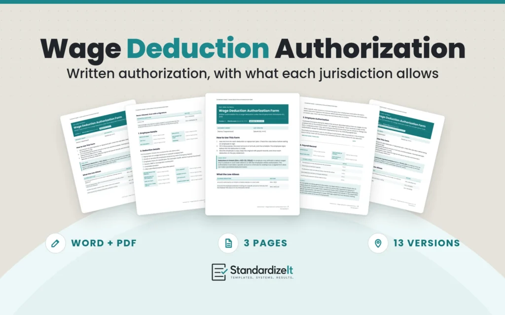 Wage Deduction Authorization Form template by Standardize It: the Ontario version's first page in front of the deduction details and employee authorization pages, with the Alberta and Federal versions behind. Word + PDF, 3 pages, 13 versions.