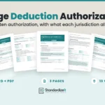 Wage Deduction Authorization Form template by Standardize It: the Ontario version's first page in front of the deduction details and employee authorization pages, with the Alberta and Federal versions behind. Word + PDF, 3 pages, 13 versions.