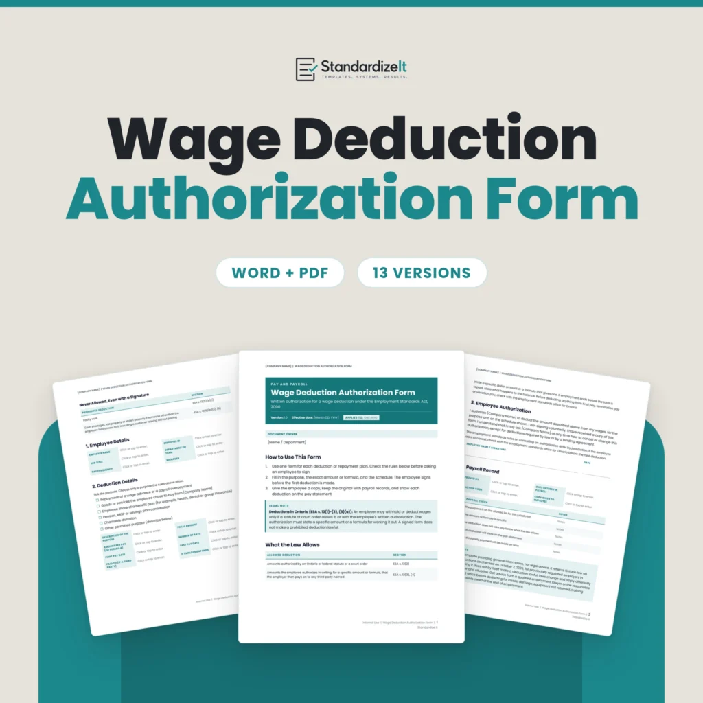 Wage Deduction Authorization Form template by Standardize It: the first page in front of the deduction details and the employee authorization and payroll record page. Word + PDF, 13 versions.