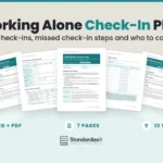 Working Alone Check-In Plan template by Standardize It: the British Columbia first page with the Rule at a Glance in front of the check-in schedule and missed check-in steps page and the Check-In Record, with the Ontario and Federal first pages on the outside. Word + PDF, 7 pages, 13 versions.